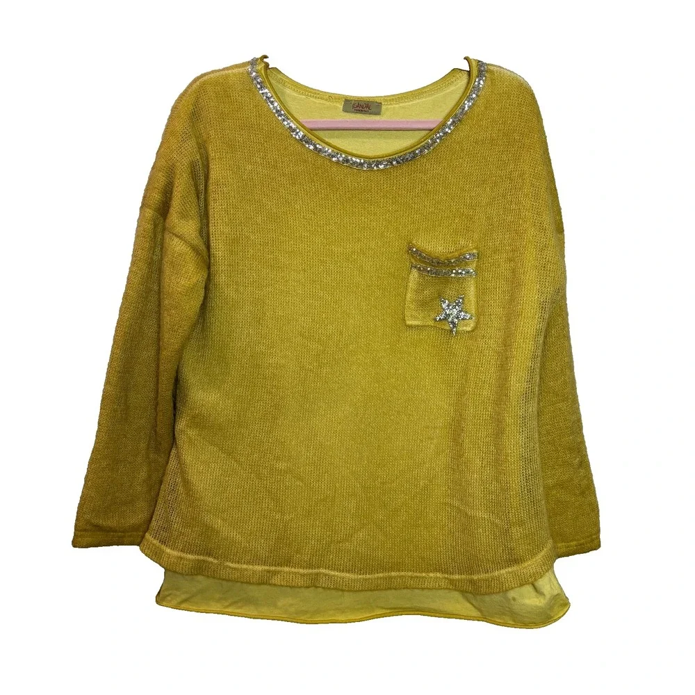 Scandal Women's XL Sweater Yellow Mohair Lady Pullover Jumper‎ Cozy Italy Made